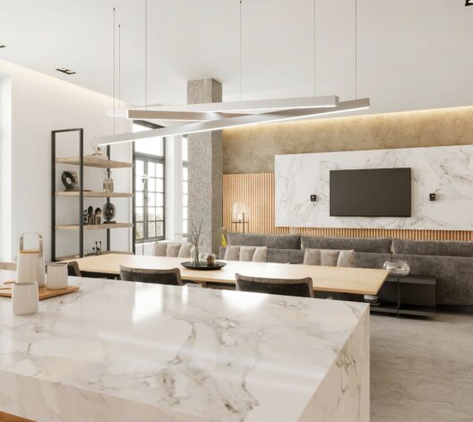 Modern Apartment Interior Design Marble Kitchen Countertop Dining Room Concrete Floor Tile Atlas Tile And Stone
