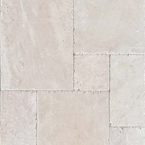 The French-pattern format of a Turkish beige travertine with chiseled edge. Can be used as tile and paver for indoor and outdoor. Melbourne beige travertine supplier; Atlas Tile and Stone.